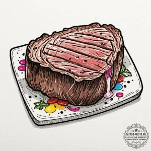 A perfectly grilled steak, sliced to show the... - эскиз тату (№1753323225_0, 24.07.2025 02:13) — tattoo-photo.ru