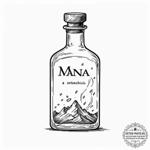 Tattoo sketch a potion bottle labeled "mana"... - эскиз тату (№1753325430_0, 24.07.2025 02:50) — tattoo-photo.ru