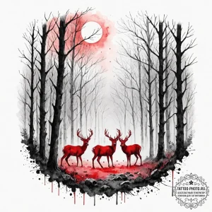 A small herd of deer grazing in a forest clea... - эскиз тату (№1753328081_0, 24.07.2025 03:34) — tattoo-photo.ru