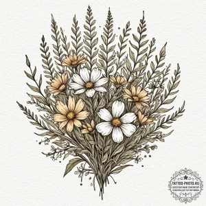 Tattoo design a cluster of wildflowers, each... - эскиз тату (№1753328688_0, 24.07.2025 03:44) — tattoo-photo.ru