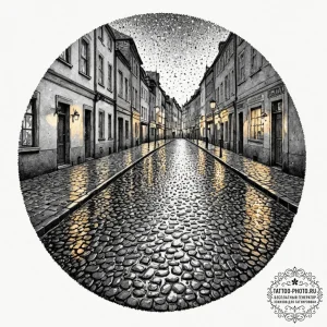 A rain-slicked cobblestone street in a histor... - эскиз тату (№1753329521_0, 24.07.2025 03:58) — tattoo-photo.ru