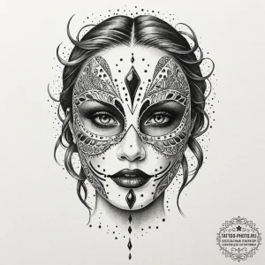 Mask, artistic tattoo sketch, dotwork shading... - эскиз тату (№1753329596_0, 24.07.2025 03:59) — tattoo-photo.ru