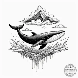 A whale swimming through clouds, ink illustra... - эскиз тату (№1753329747_0, 24.07.2025 04:02) — tattoo-photo.ru