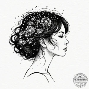 Tattoo design a woman's profile, her hair a f... - эскиз тату (№1753334000_0, 24.07.2025 05:13) — tattoo-photo.ru