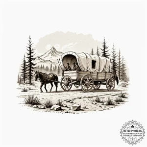 A sepia-toned photograph of pioneers with a c... - эскиз тату (№1753334151_0, 24.07.2025 05:15) — tattoo-photo.ru