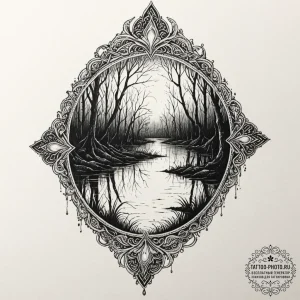 Tattoo design a dark, foggy swamp with myster... - эскиз тату (№1753336025_0, 24.07.2025 05:47) — tattoo-photo.ru