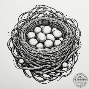 A bird's nest holding planets instead of eggs... - эскиз тату (№1753337237_0, 24.07.2025 06:07) — tattoo-photo.ru