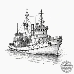 A shot of a tugboat guiding a large ship into... - эскиз тату (№1753338776_0, 24.07.2025 06:32) — tattoo-photo.ru
