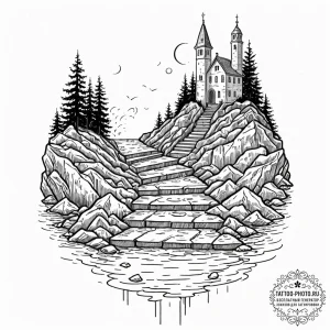 Stairway leading to a submerged city, ink ill... - эскиз тату (№1753342727_0, 24.07.2025 07:38) — tattoo-photo.ru