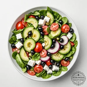 A fresh, colorful greek salad in a white bowl... - эскиз тату (№1753344311_0, 24.07.2025 08:05) — tattoo-photo.ru