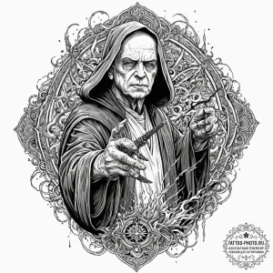 42. trash polka style portrait of emperor pal... - эскиз тату (№1753350673_0, 24.07.2025 09:51) — tattoo-photo.ru