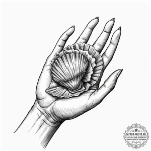 A hand holding a delicate, translucent seashe... - эскиз тату (№1753357728_0, 24.07.2025 11:48) — tattoo-photo.ru
