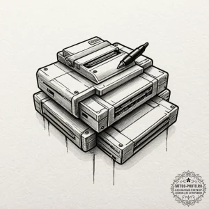 Tattoo design a stack of retro gaming cartrid... - эскиз тату (№1753358181_0, 24.07.2025 11:56) — tattoo-photo.ru