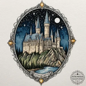 A watercolor sketch of hogwarts castle at nig... - эскиз тату (№1753359705_0, 24.07.2025 12:21) — tattoo-photo.ru