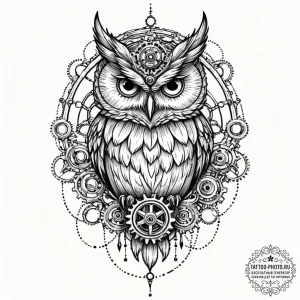 Steampunk owl with gear-feathers, tattoo draw... - эскиз тату (№1753361767_0, 24.07.2025 12:56) — tattoo-photo.ru