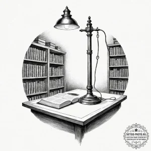 The interior of an old, dusty library at nigh... - эскиз тату (№1753367478_0, 24.07.2025 14:31) — tattoo-photo.ru