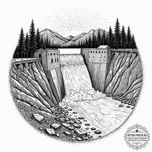 A shot of a hydroelectric dam, water powerful... - эскиз тату (№1753370474_0, 24.07.2025 15:21) — tattoo-photo.ru