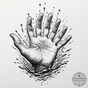 A hand reaching out to touch the surface of w... - эскиз тату (№1753375856_0, 24.07.2025 16:50) — tattoo-photo.ru