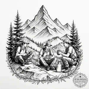 A group of hikers taking a break at a mountai... - эскиз тату (№1753380235_0, 24.07.2025 18:03) — tattoo-photo.ru