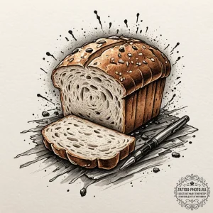 A close-up of a fresh loaf of bread being sli... - эскиз тату (№1753380662_0, 24.07.2025 18:11) — tattoo-photo.ru