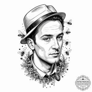 A trash polka portrait of candyman, with bees... - эскиз тату (№1753381077_0, 24.07.2025 18:17) — tattoo-photo.ru