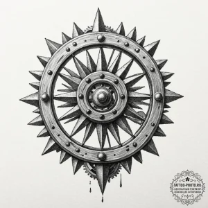 A close-up on the weathered, greasy gears of... - эскиз тату (№1753387069_0, 24.07.2025 19:57) — tattoo-photo.ru