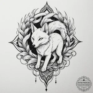 A kitsune with its nine tails, tattoo drawing... - эскиз тату (№1753402304_0, 25.07.2025 00:11) — tattoo-photo.ru