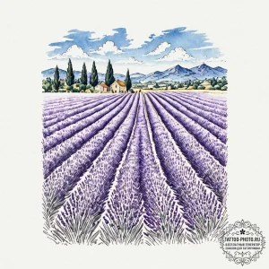 A field of brilliant purple lavender in prove... - эскиз тату (№1753413582_0, 25.07.2025 03:19) — tattoo-photo.ru