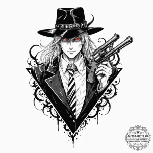A trash polka tattoo of alucard from hellsing... - эскиз тату (№1753415219_0, 25.07.2025 03:46) — tattoo-photo.ru