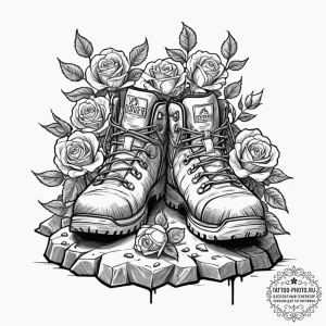 A shot of someone's feet in worn hiking boots... - эскиз тату (№1753420955_0, 25.07.2025 05:22) — tattoo-photo.ru