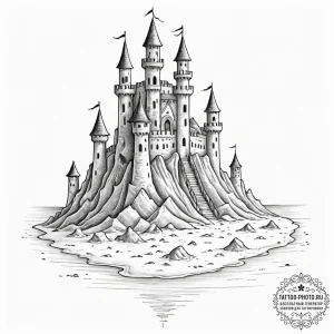 A sandcastle on a beach, with the tide coming... - эскиз тату (№1753423821_0, 25.07.2025 06:10) — tattoo-photo.ru