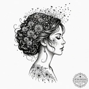 Tattoo design a woman's profile, her hair a f... - эскиз тату (№1753425051_0, 25.07.2025 06:30) — tattoo-photo.ru