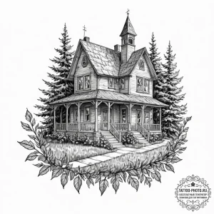 A sketch of the house of blue leaves, before... - эскиз тату (№1753430405_0, 25.07.2025 08:00) — tattoo-photo.ru