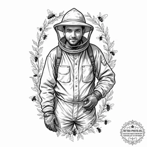 A portrait of a beekeeper holding a frame swa... - эскиз тату (№1753432632_0, 25.07.2025 08:37) — tattoo-photo.ru
