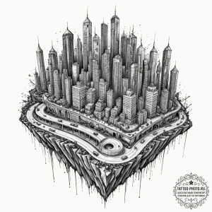 Tattoo design a cyberpunk cityscape made of s... - эскиз тату (№1753432833_0, 25.07.2025 08:40) — tattoo-photo.ru