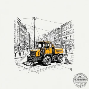 A street sweeper cleaning a city street in th... - эскиз тату (№1753434056_0, 25.07.2025 09:00) — tattoo-photo.ru