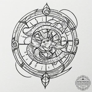 Tattoo sketch a zodiac glyph where half is cl... - эскиз тату (№1753435277_0, 25.07.2025 09:21) — tattoo-photo.ru
