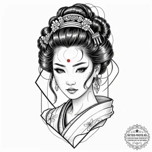 Cyborg geisha, tattoo line art, black outline... - эскиз тату (№1753435497_0, 25.07.2025 09:24) — tattoo-photo.ru