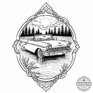 A linework tattoo of the car sinking in the l... - эскиз тату (№1753442695_0, 25.07.2025 11:24) — tattoo-photo.ru