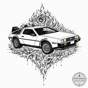 A neo-traditional tattoo of the delorean time... - эскиз тату (№1753443525_0, 25.07.2025 11:38) — tattoo-photo.ru
