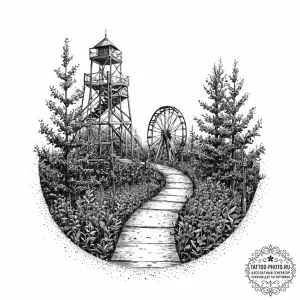 An abandoned amusement park, rusty and overgr... - эскиз тату (№1753444518_0, 25.07.2025 11:55) — tattoo-photo.ru