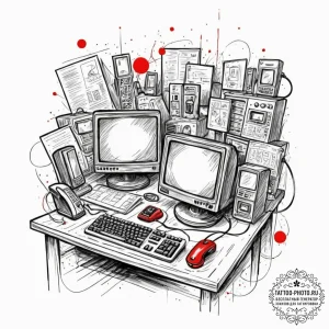 A 1980s office with bulky crt monitors, beige... - эскиз тату (№1753448297_0, 25.07.2025 12:58) — tattoo-photo.ru