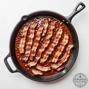 A close-up of a sizzling strip of bacon in a... - эскиз тату (№1753453050_0, 25.07.2025 14:17) — tattoo-photo.ru