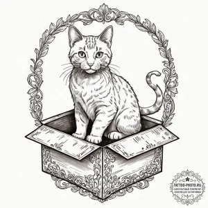 Schrodinger's cat in a box, tattoo line art,... - эскиз тату (№1753454033_0, 25.07.2025 14:33) — tattoo-photo.ru