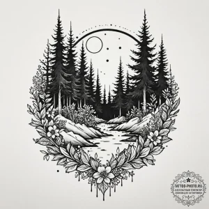 Tattoo design a lush fantasy forest with glow... - эскиз тату (№1753455627_0, 25.07.2025 15:00) — tattoo-photo.ru