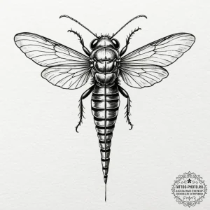 Tattoo design a cicada perched on an old, dis... - эскиз тату (№1753456620_0, 25.07.2025 15:17) — tattoo-photo.ru