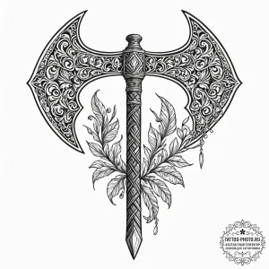 Tattoo design a battle-worn barbarian axe wit... - эскиз тату (№1753457233_0, 25.07.2025 15:27) — tattoo-photo.ru