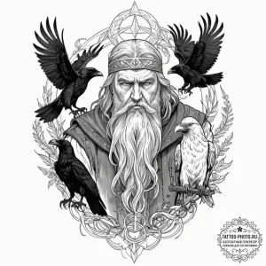 A graphic novel portrait of odin with his two... - эскиз тату (№1753457631_0, 25.07.2025 15:33) — tattoo-photo.ru