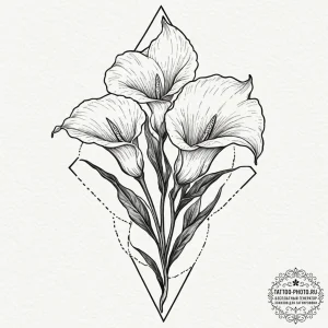 Calla lilies, tattoo sketch design, sepia ton... - эскиз тату (№1753460662_0, 25.07.2025 16:24) — tattoo-photo.ru
