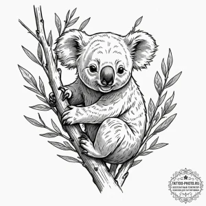 A sleepy koala clinging to a eucalyptus tree... - эскиз тату (№1753466442_0, 25.07.2025 18:00) — tattoo-photo.ru